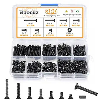 380 Pcs M3 Black Flat Head Machine Screws and Hex Nuts Kit Carbon Steel Countersunk Head Phillips Screws Bolts Assortment,M3 x 4mm/ 6mm/ 8mm/ 10mm/ 12mm/ 16mm/ 20mm