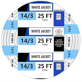 14/3 NM-B Wire 25 FT, 14 AWG 3 Conductor Solid Copper Cable with Ground, 600V Indoor Non-Metallic Sheathed Building Wire for 15 Amp Circuits and 3 Way Switches, White Jacket