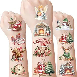 Christmas Temporary Tattoos for Kids, 6 Sheets Retro Christmas Santa Reindeer Snowman Fake Tattoos Stickers for Boys and Girls Xmas Party Favors Decorations Supplies, Stocking Stuffer Gifts