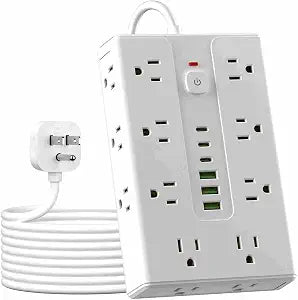 Power Board Surge Protector with 16 sockets, Equipped with 3 USB A and 3 USB C Ports, Suitable for Various Devices, Including Home, Office, and Dormitory (white6.5T)