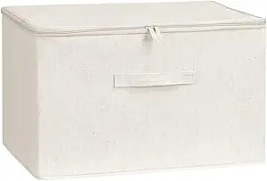[3 Pack] Beige Cotton Linen Collapsible Storage Bins for Home Organization, Waterproof Fabric Foldable Organizer Boxes, 15.75 x 11.81 x 8.27 Inches, Zippered Flap & Handle (Medium)