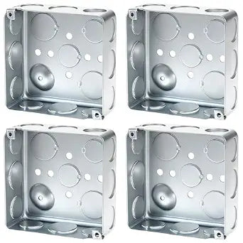 QWORK Electrical Box, 4 Pcs 4" Square Outlet Box, 21Cubic Inches,Ten 1/2" & Six 3/4'' Knockouts, 1-1/2" Deep, Galvanized Steel
