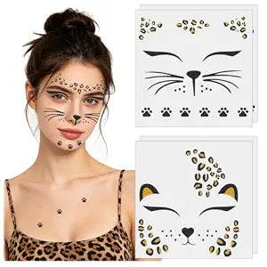 4Pcs Cat Face Tattoo Stickers Leopard Cheetah Print Face Tattoo