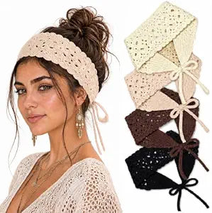 Huachi Boho Headbands for Women 4 Pack Crochet Knit Bandana Head Scarf
