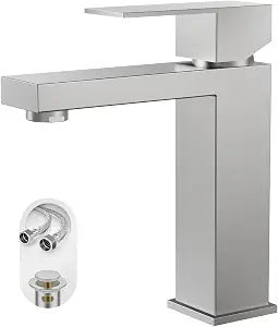 Phiestina Single Hole Brushed Nickel Square Single Handle Bathroom Vanity Faucet with Metal pop up Drain with Deck Plate, Overflow & Water Supply line, BF3530-BN