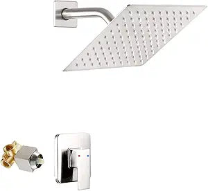 Brushed Nickel Shower Faucet GGStudy Single Function Shower Trim Kit with Rough-in Valve Shower Set Bath Rainfall Shower Faucet System 8inch Square Stainless Steel Metal Shower Head