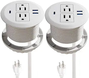 2 Pack Recessed Power Grommet 3 Inch,20W Fast Charging USB C.Fadossu Desktop Flush-Mount Power Grommet Outlet with 2-AC Outlet,3-USB Port,Fit 3-1/8" Round Desk Grommet Hole,6.56FT Cord,White