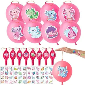 72 PCS Axolotl Party Favors - 48 Tattoos & 24 Pink Punch Balloons