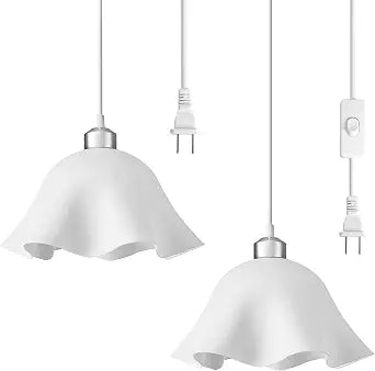 OmiSun Plug in Pendant Light, 2 Pack Hanging Lights with Plug in Cord, Hanging Lamp with15Ft Cord, On/Off Switch, Frosted Plastic White Shade, Plug in Hanging Ceiling Lights for Bedroom, Living Room