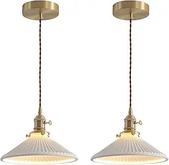 Modern Brushed Brass Pendant Lights Kitchen Island 2 Pack Mid Cenrury Milk Glass Hanging Light Fixture Vintage White and Gold Ceramic Pendant Light for Dining Room Bedroom Entryway MPL16D-2