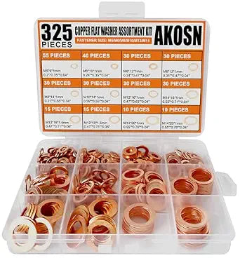 325 PCS Crush Copper Washers Assortment Kit; 10 Size Flat Sealing Copper Washers (M5-M14) for Electronic, Automotive, Motorcycles, Marine and Mechanical Use
