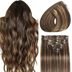 Clip in Hair Extensions Real Human Hair Dark Brown Highlights for Women
