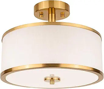 Edwarmlux 3-Light Semi Flush Mount Ceiling Light Fixture, 12.6" Gold Drum Light with White Fabric Shade, Modern Close to Ceiling Light for Living Room Bedroom Dining Room Kitchen Hallway Entry Foyer
