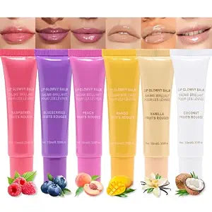 6Pcs Hydrating Lip Gloss Balm Set Pack, Hyaluronic Acid Nourishing Natural Tint Balm Gloss for Lip Care, Long-Lasting Moiturizing, Coconut Raspberry Blueberry Peach Mango Vanilla, Travel Pack
