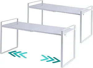 2 Pack Expandable Cabinet Shelf Organizer Riser for Kitchen Pantry Cupboard Under Sink Countertop (2 pack 8.2D * 12.2-21.6W * 10.4H) (white)