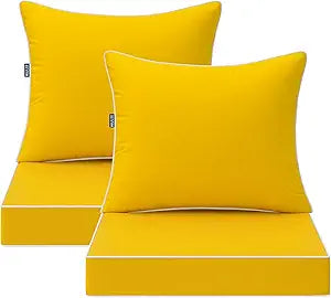 MIULEE Yellow Outdoor Seat Cushion 22x22 Inch Set of 2 Waterproof & 3 Year Fade Resistant Deep Seat and Back Cushion for Patio Furniture Chair Sofa Couch with Handle and Adjustable Straps