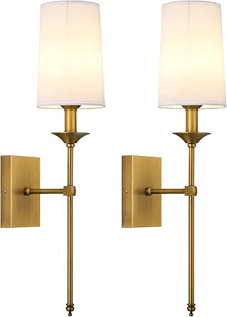 Hardwired Wall Sconces Set of 2, Mid Century Candlestick Style Wall Mounted Sconce with Pure White Cylindrical Shade and Long Slim Stem,for Bathroom Bedroom Living Room