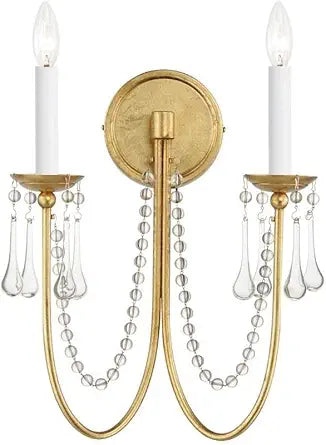 Maxim Lighting Plumette 2-Light Wall Sconce | Gold Leaf Finish | Crystal Glass Shade | Minimalist Indoor Light Fixture | Ideal for Hallways, Bedrooms & Bathrooms | Dimmable | 12161GL-CRY