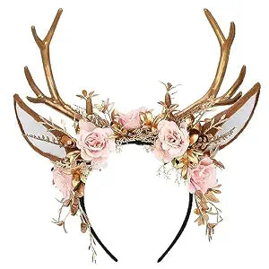 MOSTORY Handmade Gold Flower Antler Headband - Woodland Floral Reindeer Headpiece with Deer Ears Forest Fairy Hairband for Women Girls Renaissance Halloween Cosplay Party Prom Photo Props Pink Rose