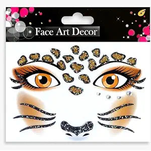 Glitter Party Animals Face Tattoo Jewels Stickers, Cheetah Leopard Cat Lion Tiger Costume Accessories 2 Sheets Face Gems Jewels All In One Halloween Stick O (leopard)