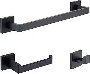 TASTOS 3-Piece Bathroom Hardware Set Matte Black Wall Mounted Bathroom Accessory Set, Premium Stainless Steel Robe Hook Toilet Paper Holder 16-Inch Towel Bar (Black)
