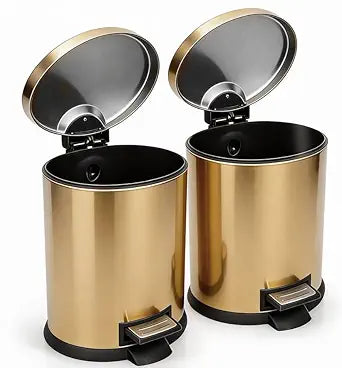 SIMPLYKLEEN Bathroom Trash Can with Lid - 2PC 1.3 Gallon/ 5L Oval Small Trash Can with Soft-Close Lid, Foot Pedal, Brushed Stainless Steel, Removable Liner, Garbage can for Kitchen, Office, Home Gold
