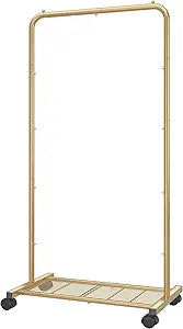 Simple Trending Standard Clothes Garment Rack, Clothing Rolling Rack with Mesh Storage Shelf on Wheels, Golden Yellow