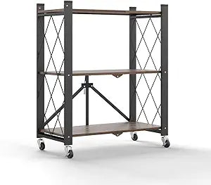 Hershii 3-Shelf Foldable Storage Shelves with Wheels, Large Capacity Shelving Unit with X Side Frames Display Stand for Kitchen, Dorm, Pantry, Garage, Office - No Assembly Required