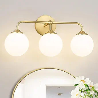 Modern Brushed Gold 3-Lights Vanity Light Fixtures with Milky White Glass Ball Shades, Mid Century Brass Wall Sconce Lighting Fixtures over Mirror, Wall Sconces for Bathroom Dressing Table Bedroom
