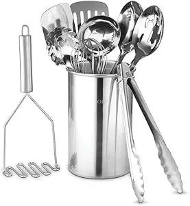 Avador Premium Set of 10 Stainless Steel Kitchen Tool Set with Holder Easy To Clean, Space Saving, Great for Cooking, Baking, Prepping