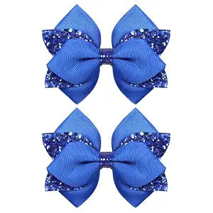 2pc Glitter Royal Blue Hair Bow Clips 4in Girls Sparkly Sequin Hair Ribbon Barrettes Alligator Hairpins for Teens Ladies Women Wedding Prom Dance Party Dress Decor Accessories