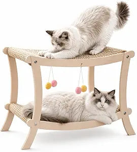 Indoor Cat Scratcher Bed, Double Layer Cat Hammock with Toy Ball, Wooden Sisal Cat Scratching Pad for Cats, Elevated Cat Lounge for Claw Grinding & Sleeping