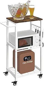 Kitchen Microwave Stand Cart with Storage Rack, 3-Tier Rolling Kitchen Side Table on Wheels with 8 Hooks, Utility Small Coffee Shelf Organizer for Living Room, Bedroom, Bathroom, Office, White