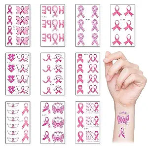 10 Sheets Temporary Tattoos - Pink Ribbons, Breast Cancer Awareness, Fake Tattoos for Women, Fundraising, Charity Events, Survivor Campaign, Party Favor Supplies