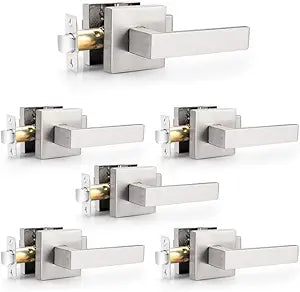 Probrico 6 Pack Passage Door Levers for Hall and Closet,Satin Nickel Finish Square Door Handles Interior Non-Locking Hardware, Keyless Feature Leversets,Heavy Duty