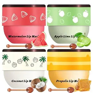 4 PCS Bee Lip Balm - Honey Watermelon Apple Coconut Lip Balm Sleeping Lip Mask Overnight with Sticks, Lip Exfoliating, Prevents Dry & Crack