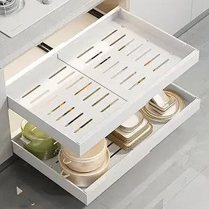 Pull-out Cabinet Organizer, ExpandableHeavy Duty Slide out Drawers Fixed with Adhesive Nano Film for Pots, Roll out Shelf Storage for Kitchen Base Cabinet Organization (white-2PCS)