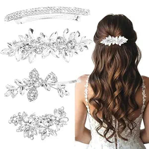 4 Pcs Rhinestone Hair Clips for Women Hair Barrettes Silver Bridal hair accessories for Wedding Party Everyday