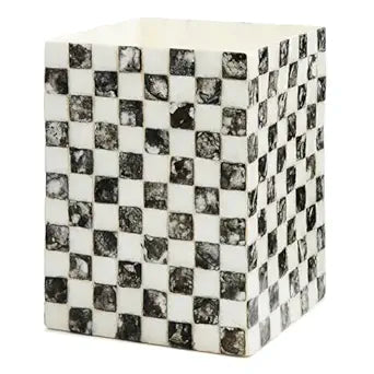 MACKENZIE-CHILDS Capiz Waste Bin, Decorative Bathroom and Bedroom Trash Can, Black-and-White Courtly Check