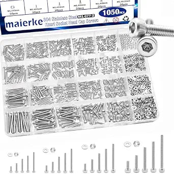 304 Stainless Steel 1050PCS M1.4 M1.6 M2 M2.5 Knurl Socket Head Cap Screws Hardware Kit Hex Socket Head Cap Bolts, Nuts & Washers Assorted Set for DIY, 3D Printer