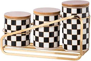 Kitchen Countertop Ceramic Canisters Set, 3Pcs Grid Pattern Kitchen Jars with Layered Shelves, Sealed Countertop Flour and Sugar Containers, Coffee and Tea Storage