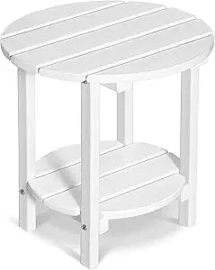2 Tier Round Outdoor Side Table with Wood-Like Grain, HDPE Adirondack Table Patio Side Table, Weather Resistant End Table for Pool, Patio & Porch, Small Outdoor Table (White, Round)