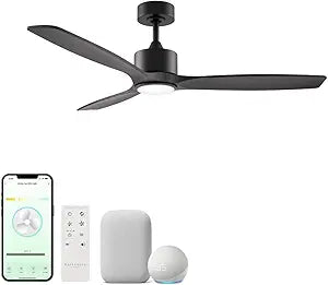 Madera 52in 3-Blade Smart Indoor or Outdoor Ceiling Fan 2700K-6000K CCT Tunable Range LED Light Kit in Matte Black with Ebony Solid Wood Blades Works With iOS or Android App