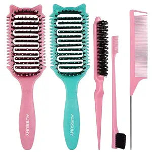 2 Pack Curly Defining & Detangling Brush - With Boar Bristle & 3 Styling Comb Tools – Shine to Shape & Define Natural Curl Waves & Coils - Vented Anti-Frizz Wet or Dry Hair for Women Men Kids