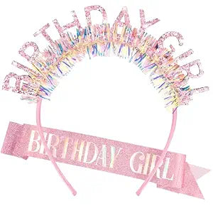 COCIDE Birthday Girl Headband & Sash - Birthday Crown for Women & Girls Pink Glitter Letter Tiara Birth Day Decorations Accessories Gift for Her (A1 Pink)