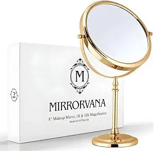 MIRRORVANA Large Double Sided 10X and 1X Magnifying Makeup Mirror with Stand in Gift Box, 15 Tall and 8 Wide (Gold)