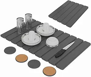 Stone Dish Drying Mat For Kitchen Counter - Fast-Drying 24"(L)16"(W) Collapsable Diatomaceous Mat With Four Matching Stone Coasters - Versatile Stone Drying Mat for Cups, Dishes, Bottles