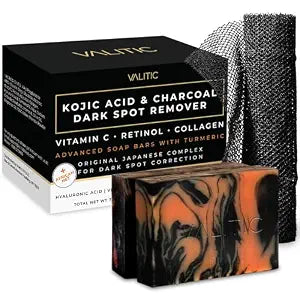 VALITIC Charcoal Kojic Acid Turmeric Black Soap and African Net, 2 Pack