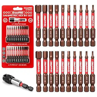 GRENPRO Allen Wrench Drill Bit Set, 21-Piece 2.5" Metric & SAE Hex Bits Set