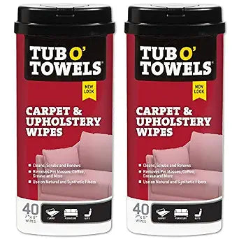 Tub O' Towels Carpet & Upholstery Cleaning Wipes 2 Pack  7 x 8 Pre-Moistened Multi Surface Fabric Cleaning Wipes, 40 Count for Carpet, Rugs & Furniture